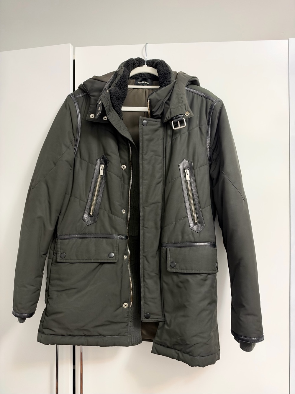 Kooples Men's Dark Olive Winter Parka Jacket with Sherpa Collar